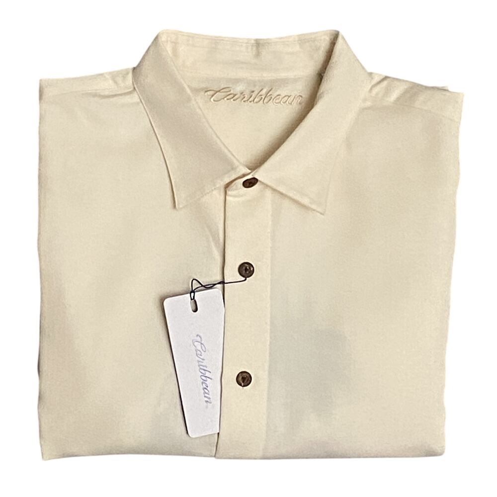 Roundtree & Yorke Caribbean Shirt Men's XXL Embroidered Short Sleeve Cream NEW